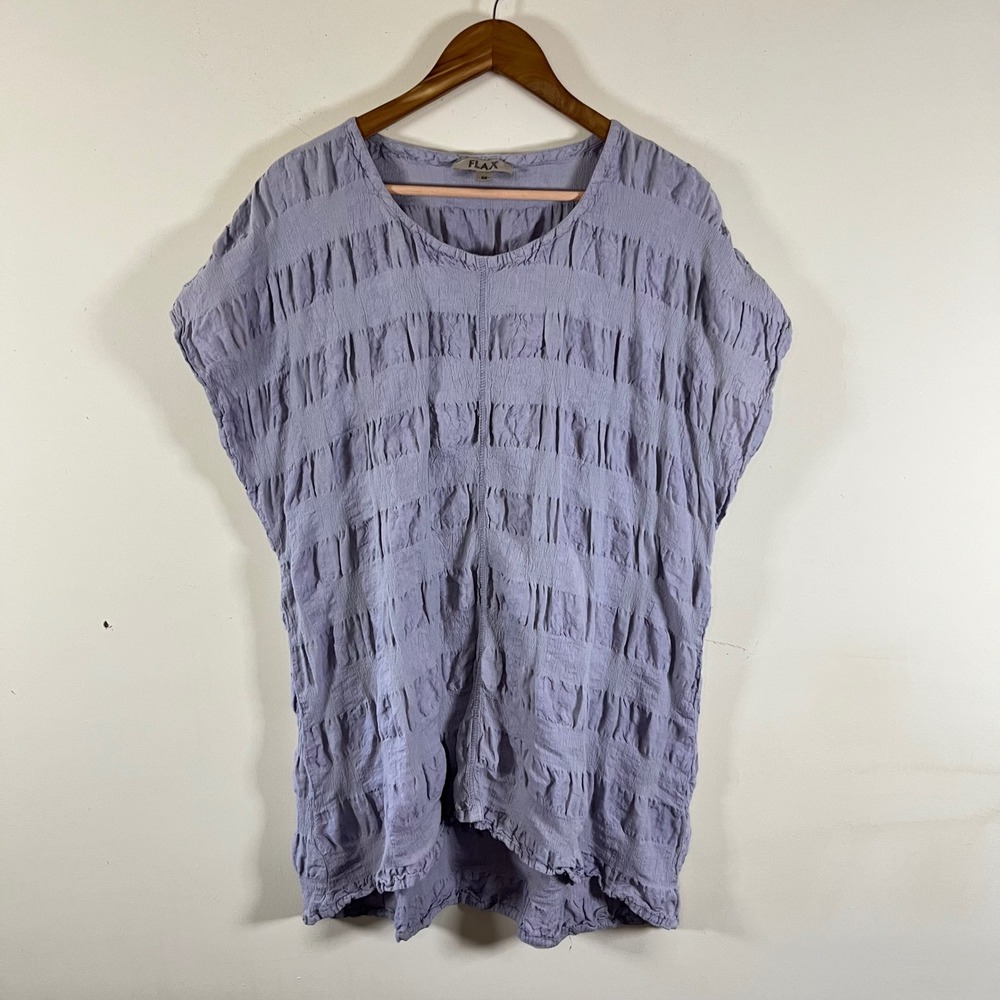 Flax Linen Cotton Short Sleeve Light Purple Striped Textured Top Bohemian Medium